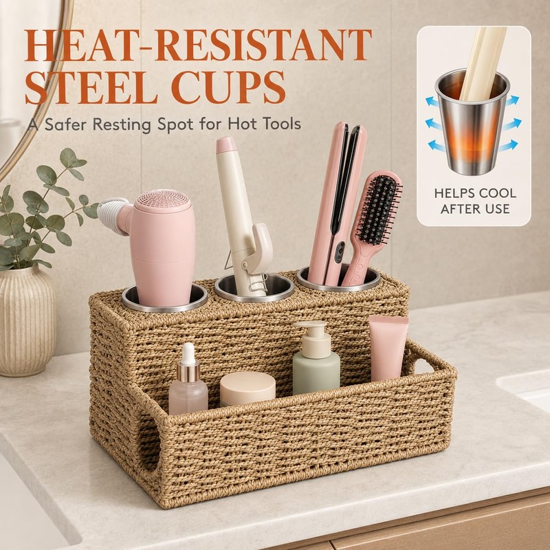 Hair Tool Organizer Countertop with 3 Stainless Steel Cups, Woven