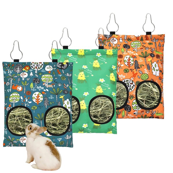 3 Pcs Rabbit Hay Feeder Bag, 2-Hole Hanging Hay Feeder