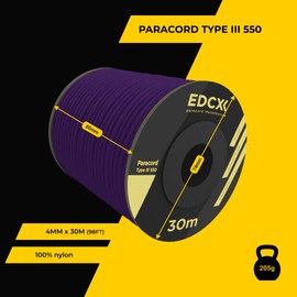 EDCX 4mm Nylon Paracord 550 30m (100ft) - Type III, 100% Nylon Rope, 7-Strand Rope, 4mm Solid Nylon Rope (Purple, 30m)