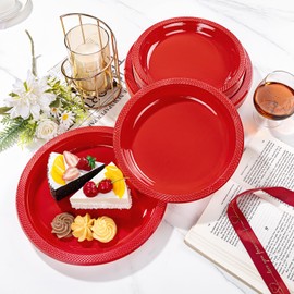WELLIFE 9 Inch Plastic Plates Red 50 Count Disposable Plate for Party, Plates for Dinner Dessert Supplies Birthday Camping BBQ Baby Shower