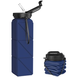INNERNEED Collapsible Drinking Water Bottle with Straw, Reuseable Leakproof BPA Free Silicone Foldable Sports Gym Bottle, with Carrying Strap (1pack, Dark Blue)