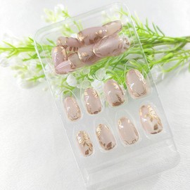 Round Press on Nails Short Glue on Nails Cat's Eye Fake Nails with Glitter Gold Leaf Lines Designs Light Pink False Nails Oval Nails Press ons for Girls 24Pcs