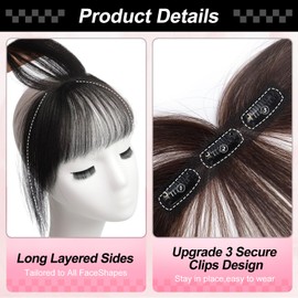 purshine Clip in Bangs, 100% Human Hair Bangs Wispy Bangs Hair Pieces, 3 Secure Clips in Full Fringe French Bangs Natural Thick Volume Fake Bangs for Women Girls (Natrual Black)