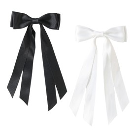 2PCS Silky Satin Hair Bows Hair Clip French Hair Clips with Long Ribbon Solid Color Hair Barrette Clips Simple Hair Fastener Accessories Hair Barrettes for Girls Women (Black + White)