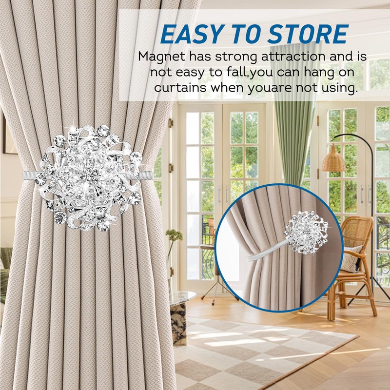 BOCHION Curtain Tie Backs, 4 Pack Sparkling Magnetic Curtain Tiebacks,