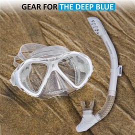 Blue Reef Sentinel Snorkel Mask Set White, Snorkeling Gear for Adults Set Includes Sentinel Mask w/Twin Tempered Glass Lenses for Increased Clarity, Cortes Dry Snorkel and Mesh Bag