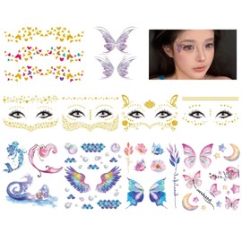 Denipry 10 Sheets Face Temporary Tattoo Glitter Metallic Face Freckle Tattoos, Butterfly Glitter Tattoos For Women Girl Party Favors Festival Makeup Rave Accessories