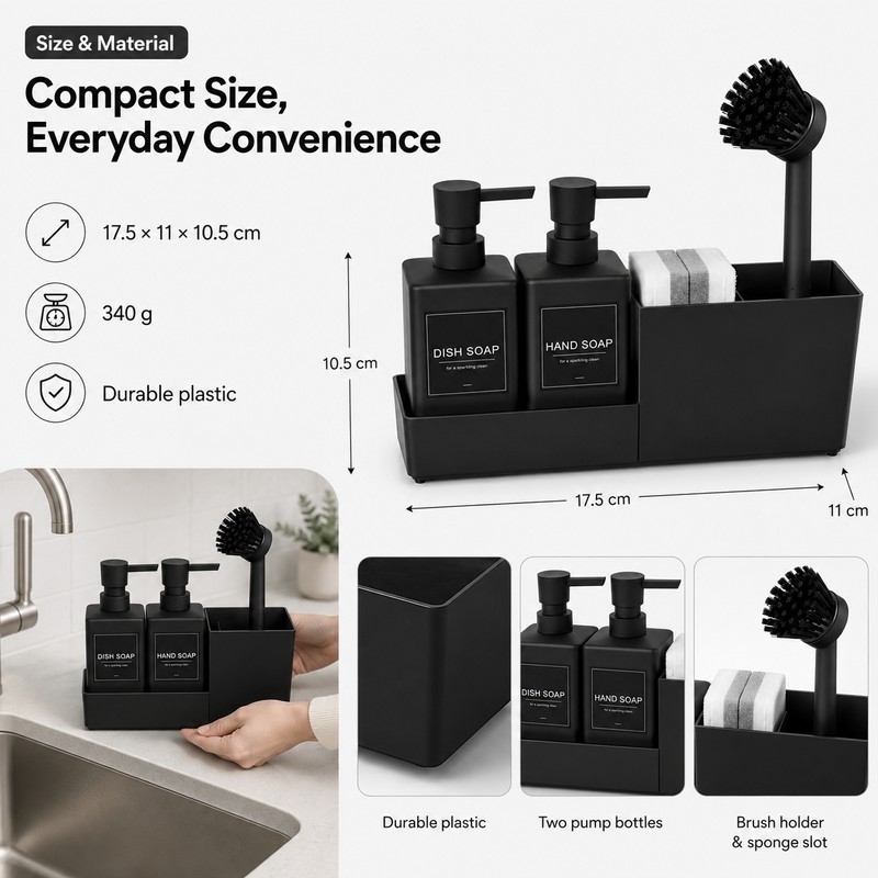 Kitchen Soap Dispenser Set for Sink Organization – 4-in-1 Black
