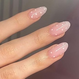 modelones Uñas postizas cortas con lunares en almendra, diseño de San Valentín rosa, kit reutilizable con pegamento, lima de uñas pequeña, 32 unidades