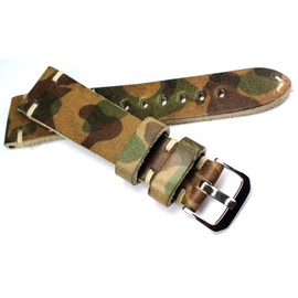 Sulla RIOS1931 22 mm German Handmade Leather Cord White Stitching 22/18 mm Retro Look Camouflage Colour, Strap.