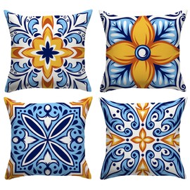 Mexican Talavera Throw Pillow Covers Outdoor Waterproof Pillow Spanish Exotic Ethnic Outdoor18x18 Set of 4 Pillows Case Spanish Exotic Geometry Cushion Cover for Garden Patio Tent Couch Sofa Home