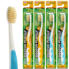 MOUTHWATCHERS - Cepillo de dientes manual de hilo dental suave para niños, paquete de 4, amarillo y azul, cepillos de dientes para niños y adolescentes, ultra limpios, por Dr. Plotka's