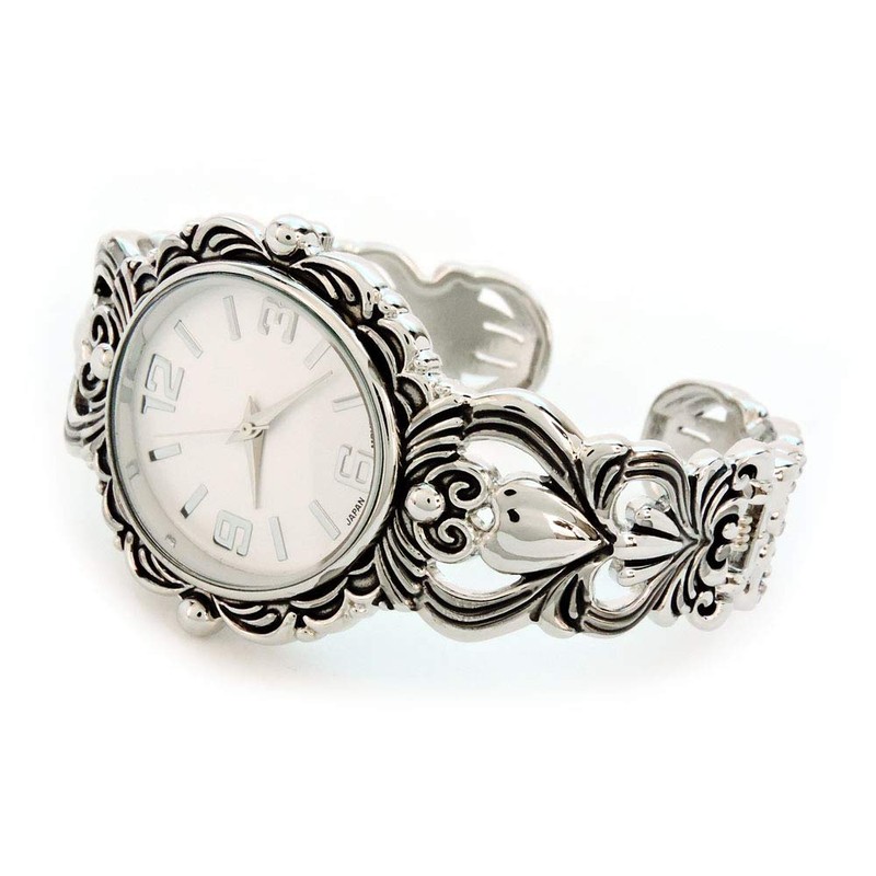 STC Silver Metal Decorated Large Oval Face Women's Bangle Cuff