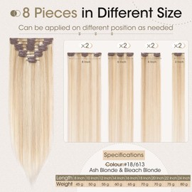 Elailite Bayalage Clip-In Real Hair Extensions, 8 Pieces, 18 Clips, Straight, 60 cm, 80 g, #18/613 Ash Blonde & Bleached Blonde