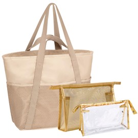 DEARBAG Strandtasche Damen mit Reißverschluss, Große Wasserfest Mesh Badetasche, Familie Faltbar Beach Tote Bag Shopper, Mesh Strandtasche XXL Familie für Strand Reisen Urlaub Pool (Beige)