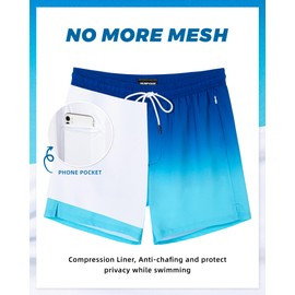 SURF CUZ Mens Swim Trunks with Compression Liner 5" Swim Shorts Quick Dry Bathing Suit Swimming Trunks Zipper Pockets Blue White Gradient Medium