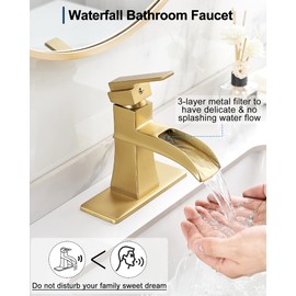 HOIGY Waterfall Faucet, Brass Brushed Gold Bathroom Faucet, 4 Inch Single Handle Bathroom Faucets 1 Hole or 3 Holes, Bathroom Sink Faucet with Drain Supply Hoses Deck Plate for Modern RV Farmhouse
