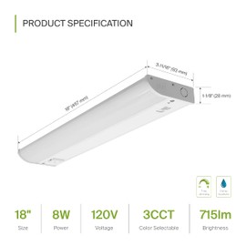 ASD LED Under Cabinet Lighting with 1 Power Outlet, 18 inch 8W 715 LM, Hardwired Under Cabinet Lights for Kitchen, 3000K/4000K/5000K, Under Counter Light Fixtures, ETL, White Finish (No On/Off Switch)