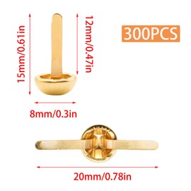 Pine & Linen 300 Pcs Brass Fasteners Scrapbooking Brads, Round Head Plated Fasteners for Paper Crafts, Decorative Scrapbooking DIY Supplies for Craft Art/School Projects(8 * 15mm/0.3 x 0.6Inch)
