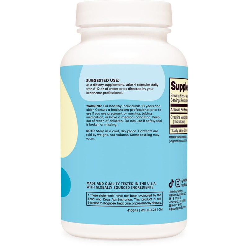 Wellah Creatine Monohydrate Capsules (3000 mg) 120 Capsules - Micronized