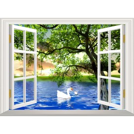 Fightal - Landscape Fake Window Wall Sticker Mural Wall Decal Stick and Peel - 48"x32"