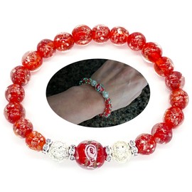 ARTSY Crafts Glow in the Dark Firefly Beads Bracelet for Women, Luminous Glass Beads Healing Crystal Glowing Beaded Bracelets, Mermaid Bracelet, Stretch Stackable Bangle Wristband (Red)