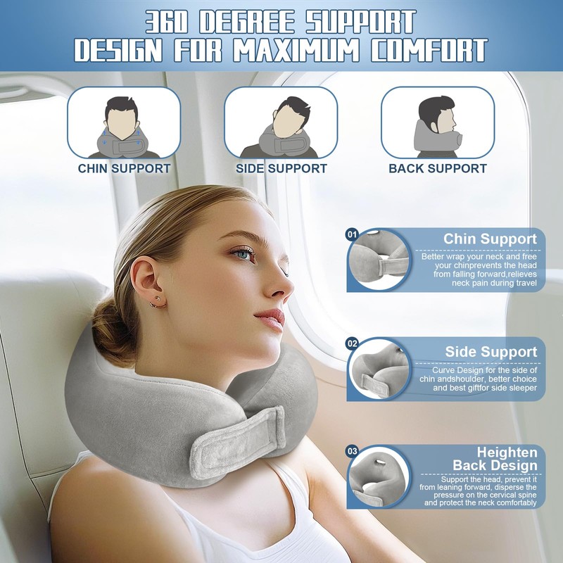 Neck Pillow for Airplanes,Portable Adjustable Travel Pillow with 360° Support,Memory