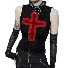 Goth Shirt for Women Sleeveless Y2k Graphic T-Shirts Gothic Punk Grunge Tops Cross Mesh Emo Alternative Tees