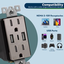 TOPGREENER USB Outlet, 3-Port Type C 3.6A 18W USB Wall Outlet, 15 Amp Tamper-Resistant Receptacle Plug, Charging Power Outlet with USB Ports, UL Listed, TU21536AC3-NK, Nickel with Wall Plate