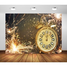 CORFOTO 8x6ft New Year's Eve Backdrop Golden Fireworks Sparklers Clock on Rustic Wall Texture Background for New Years Eve Party Decorations Christmas Party Banner Photoshoot Props