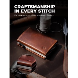 LORZOR Wallet for Men with Metal Card Holder, Pop Up Wallet, Finest Full Grain Leather Trifold Wallet, Smart, Minimalist, RFID Blocking, Front Pocket, ID Window, VintageBrown/Silver