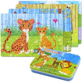 JMANNI Puzzles for 3 4 5 6 Year Olds, 4-in-1 Animal Theme Jigsaw Puzzles with Iron Box for Storage, Animal Toys Gifts for Boys, Girls, Kids and Children (Lion,Cheetah,Sika Deer,Elephant Puzzles)