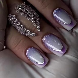 IMRAIN French Tip Press on Nails Short Square Fake Nails with French Line Design Full Cover Purple Gradient False Nails Bling Glitter Squoval Nails for Women Glossy Glue on Nails 24Pcs