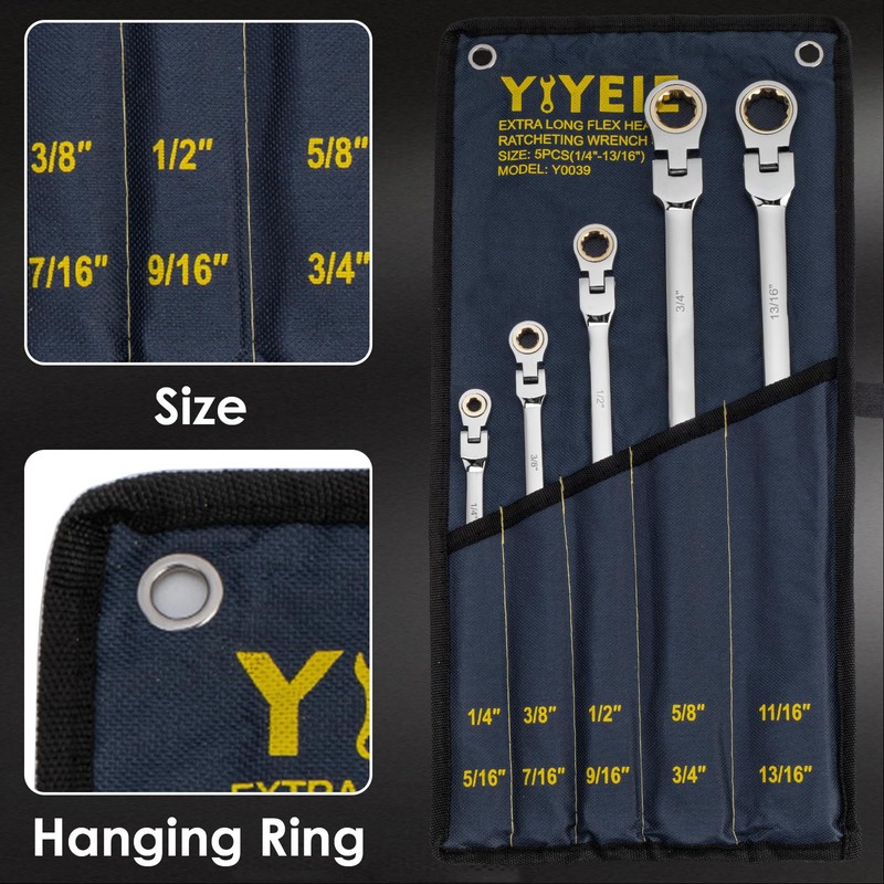 Extra Long Flex-Head Ratcheting Wrench Set, SAE 1/4" to 13/16",