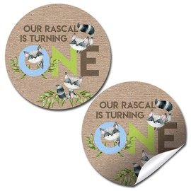 Our Little Rascal Cute Raccoon First Birthday Thank You Sticker Labels for Kids, 40 2" Party Circle Stickers by AmandaCreation, Great for Party Favors, Envelope Seals & Goodie Bags