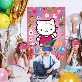 Cute Pink Party Decorations, Pin The Bow Sticker on Cat Party Game, Large Poster with 24 Pcs Bow Stickers, Birthday Party Supplies for Girls (Pink)