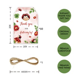 50pcs Ladybug Thank You Tags, Lady Bird Gift Tag with String for Insect Party, Bug Thank You Paper Tags for Gender Reveal/Bug Themed Birthday Party Favors
