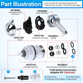 Avenuebool Lever Handle and Cartridge Assembly Kit, Compatible with Delta Series 1700 Monitor Tub and Shower Faucets, Single Lever Handles Set with Faucet Cartridge Replacement, Chrome
