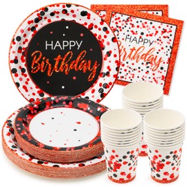 Royal Bluebonnet Red and Black Birthday Decorations - Set of 24 Red Black Birthday Plates, Black and Red Birthday Decorations, Red and Black Party Supplies, Red and Black Happy Birthday Decorations