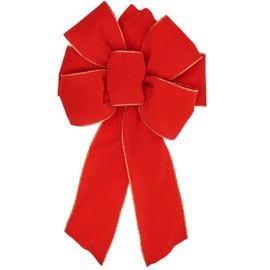 Single, XL Classic Christmas Bow, 4" Wide Red Velvet Gold Wired Ribbon, 6-Loops and Center, 11" Wide, 20" Long with Two 14" Tail