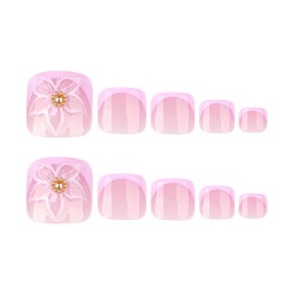 Summer Press on Short Toenails,YIHONGYAN Pink Fake Toe Nails Press ons White French Tip with 3D Flower Designs Glue on Full Cover False Toenails Stick on Toenails for Women Acrylic Manicure Kit 24 Pcs