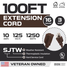 Iron Forge Cable Outdoor Brown Extension Cord 100 ft - 16 Gauge 10 Amp Heavy Duty Brown Outdoor Extension Cords 3 Prong - 16/3 SJTW Great for Outdoor