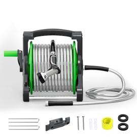 SPECILITE Portable Garden Hose Reel with 75ft Heavy Duty 304 Stainless Steel Water Pipe, Wall Mount Lightweight Winder Combo with Nozzle for Outside, Yard, Patio