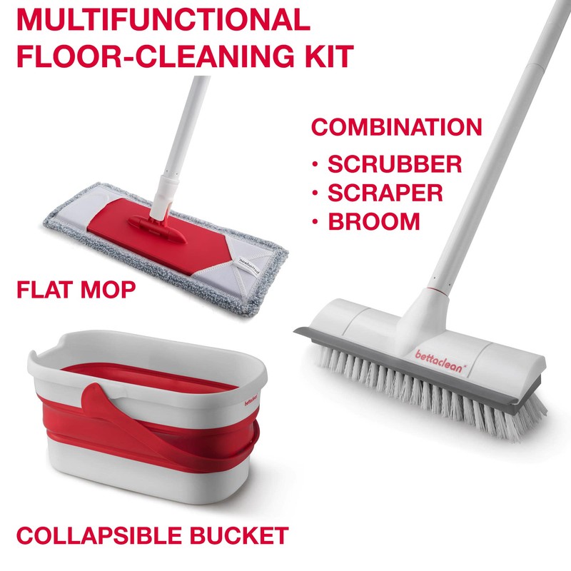 Bettaclean Flat Mop & Bucket System with Broom - Microfiber Mop for Floor Cleaning with Collapsible Mop Bucket – Floor Mop & Bucket Set – Best Mop