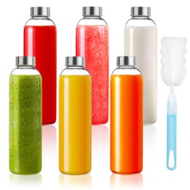 GUANENA 6 Pack Glass Water Bottles, 25oz Clear Glass Bottles with Stainless Steel Lids, Reusable Glass Drink Bottles with Caps, Juice Bottles for Juicing, Smoothies, Tea, Water, Beverages