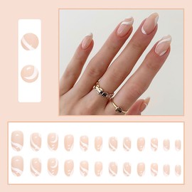 Ceboic Almond Nails for Sticking Short, Pack of 24 White Swirls French Nude False Nails Press on Nails, Glossy Oval Artificial Nails with Designs Acrylic Nails for Women and Girls