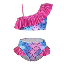 CHILDRENSTAR Girls 2 Piece Bathing Suit Shinny Metallic Ruffles One Shoulder Swimsuits Bikini Set, Blue Mermaid, 6-7 Years