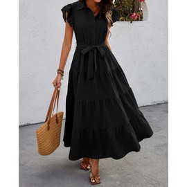 dowerme Women Summer Dress 2024 Cap Ruffle Sleeve V Neck Button Up High Waist Belted Tiered Boho Flowy Long Sun Dresses(Black,Medium)