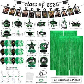 FRAMICS Graduation Decorations 2025, Graduation Banner Class of 2025, Graduations Photo Banner, Tinsel Backdrop Curtains, Ballons & Streamers Kit, Graduations Party Decorations, 82 Pieces, Green