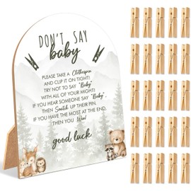 Woodland Adventure Baby Shower Games, Forest Animals Don't Say Baby Game, Gender Reveal Party Supplies & Decorations, 6x8 Inch Arch Wooden Sign With Stand And 50 Mini Clothespins - IK10